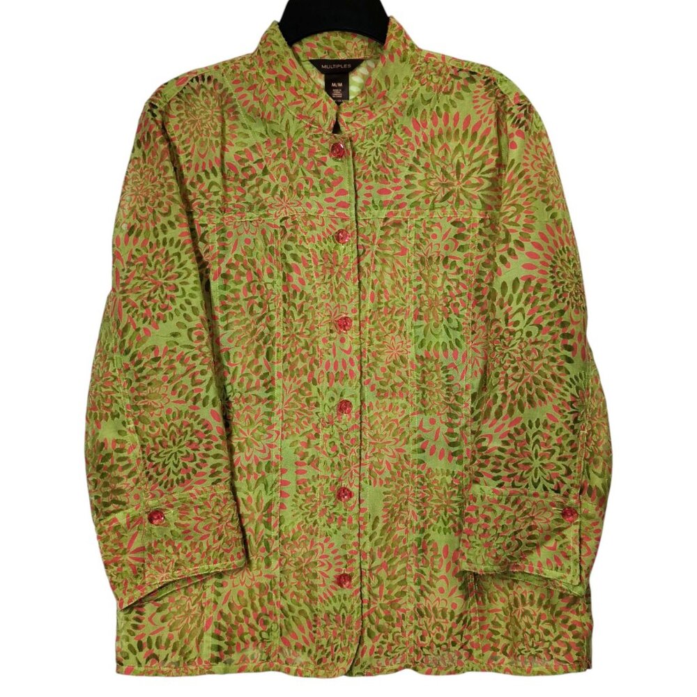 Multiples Long Sleeve Button Up Shirt Semi-Sheer Green Pink Women's Size Medium